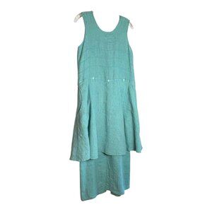 Flax Teal linen fabric with tiny purple stripes, sleeveless, long/short dress. P